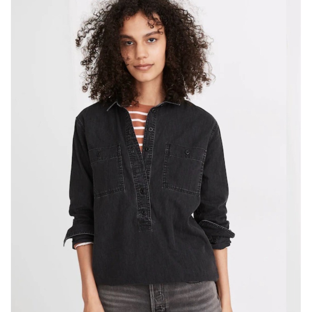 Madewell Black Charcoal Denim Popover Top Half Button Tunic Shirt Blouse XXS